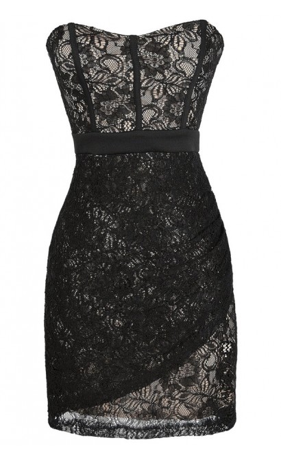 Strapless Lace Dress with Fabric Piping in Black